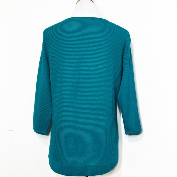 Chico’s Teal Ribbed Knit Raglan 3/4 Sleeve Dolman Pullover Tunic Sweater Top - Picture 4 of 9